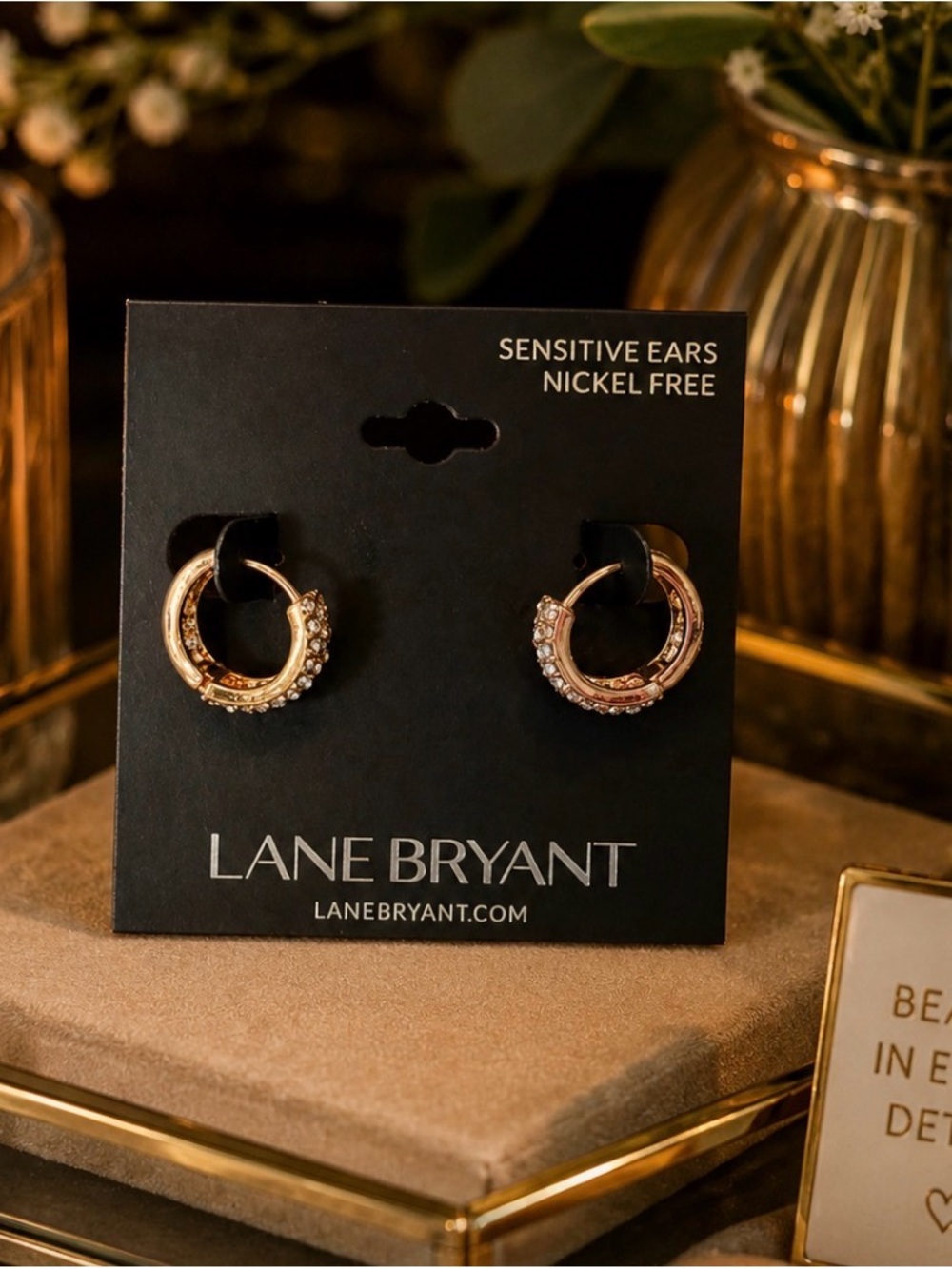 Gold Hoop Earrings with Heart Design & Crystal Accents